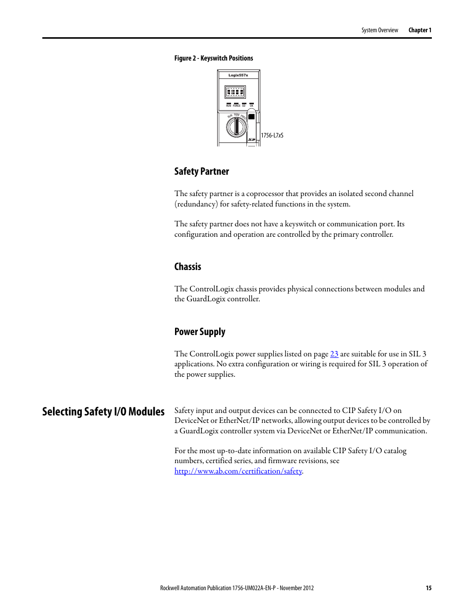 Safety partner, Chassis, Power supply | Selecting safety i/o modules, Safety partner chassis power supply | Rockwell Automation 1756-L7x GuardLogix 5570 Controllers User Manual | Page 15 / 144