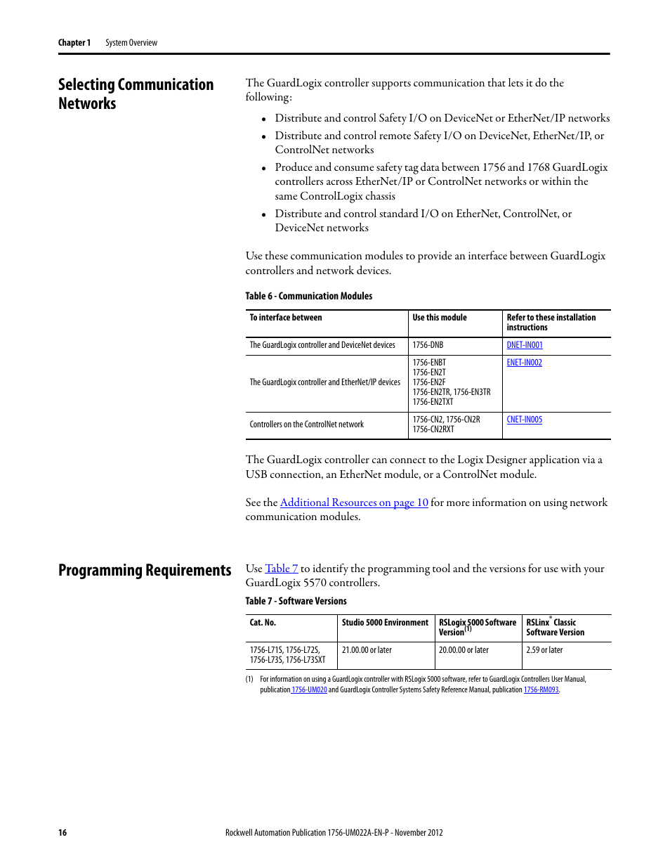Selecting communication networks, Programming requirements | Rockwell Automation 1756-L7x GuardLogix 5570 Controllers User Manual | Page 16 / 144