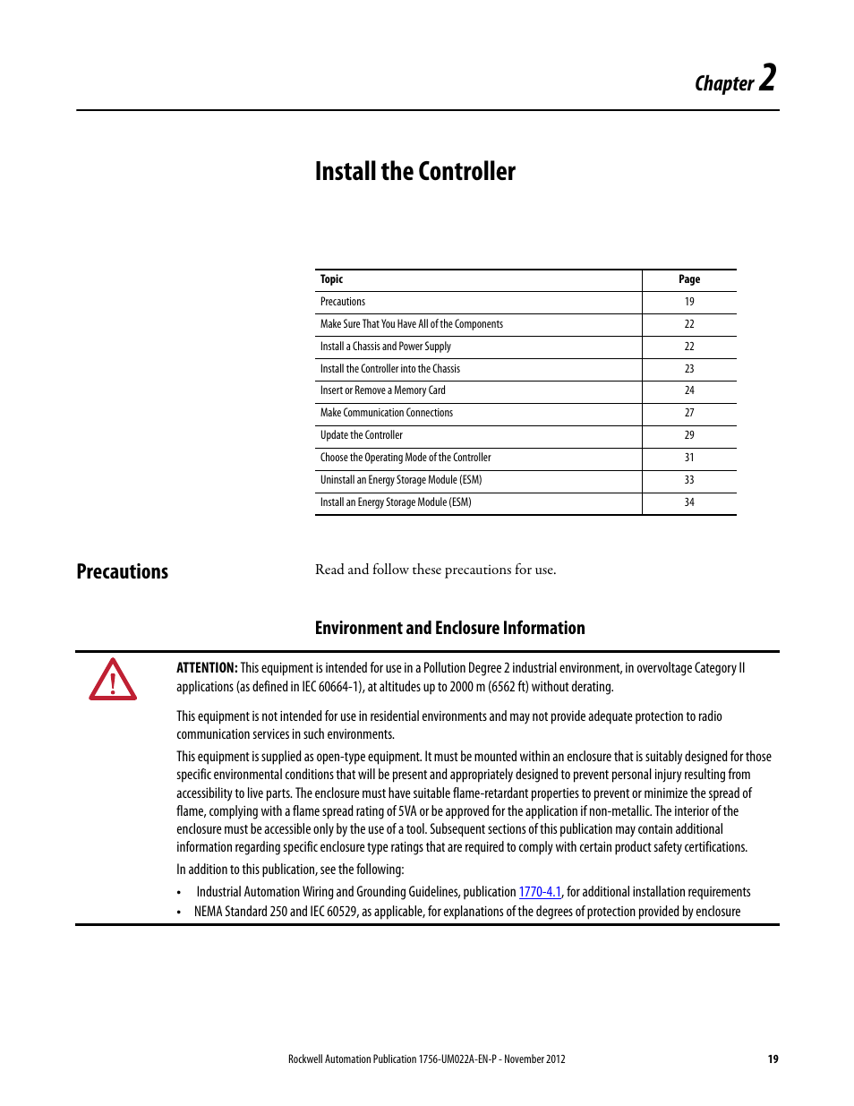 2 - install the controller, Precautions, Environment and enclosure information | Chapter 2, Install the controller, Chapter | Rockwell Automation 1756-L7x GuardLogix 5570 Controllers User Manual | Page 19 / 144