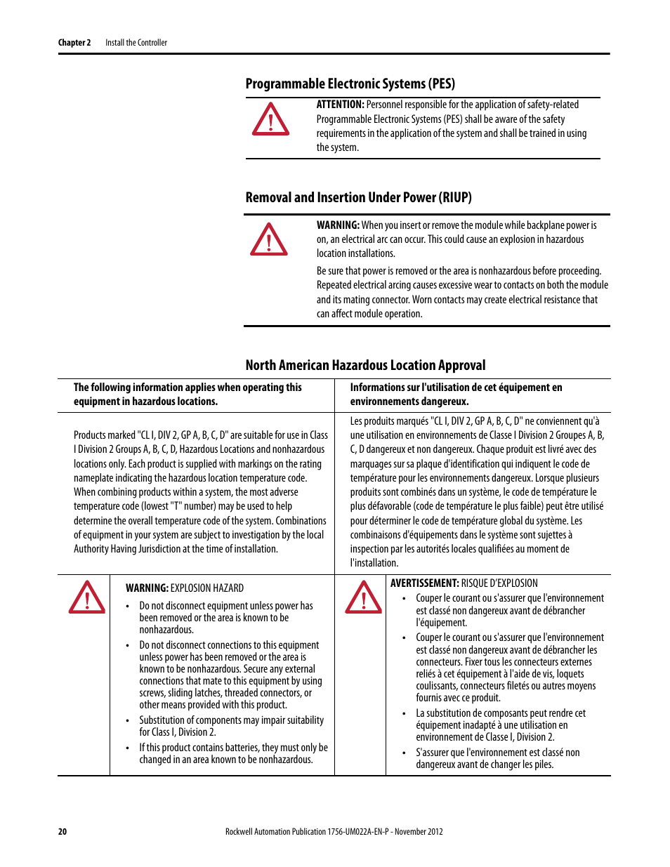 Programmable electronic systems (pes), Removal and insertion under power (riup), North american hazardous location approval | Rockwell Automation 1756-L7x GuardLogix 5570 Controllers User Manual | Page 20 / 144