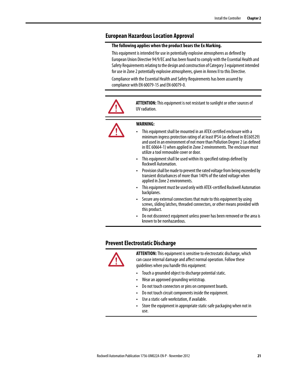 European hazardous location approval, Prevent electrostatic discharge | Rockwell Automation 1756-L7x GuardLogix 5570 Controllers User Manual | Page 21 / 144