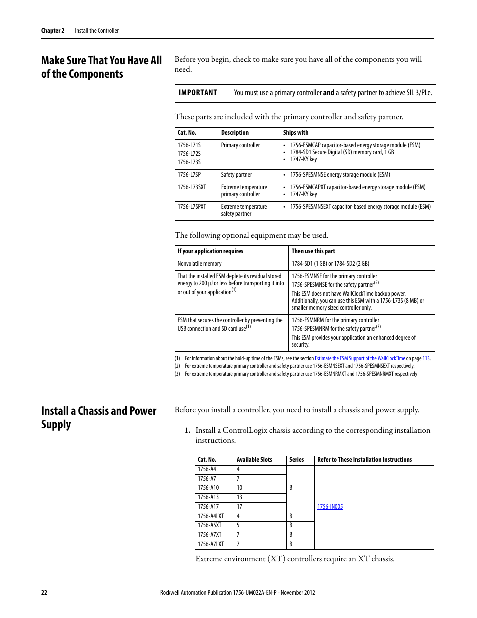 Make sure that you have all of the components, Install a chassis and power supply | Rockwell Automation 1756-L7x GuardLogix 5570 Controllers User Manual | Page 22 / 144