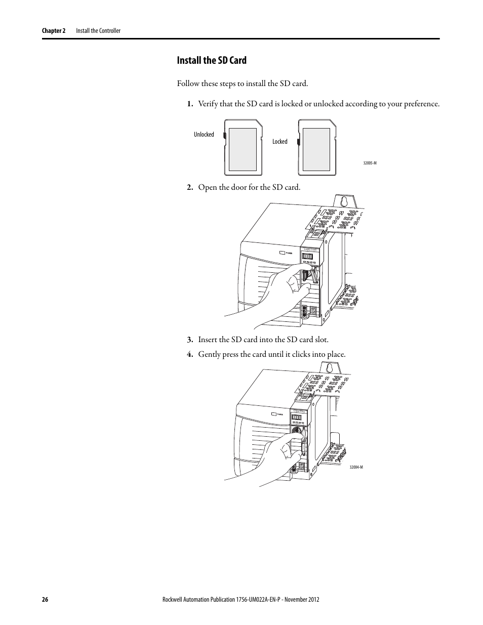 Install the sd card | Rockwell Automation 1756-L7x GuardLogix 5570 Controllers User Manual | Page 26 / 144