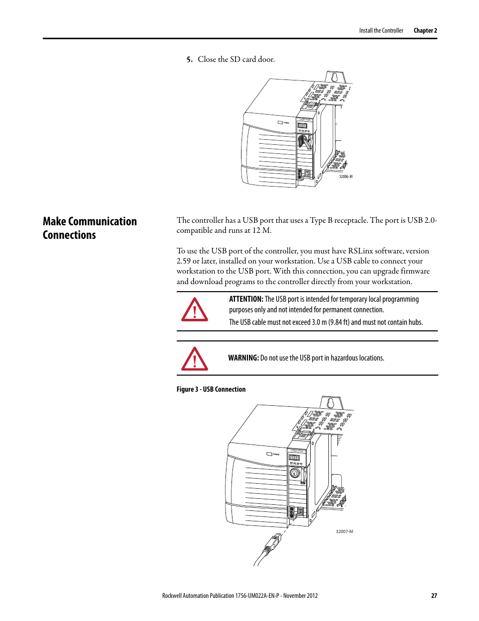 Make communication connections, Close the sd card door | Rockwell Automation 1756-L7x GuardLogix 5570 Controllers User Manual | Page 27 / 144