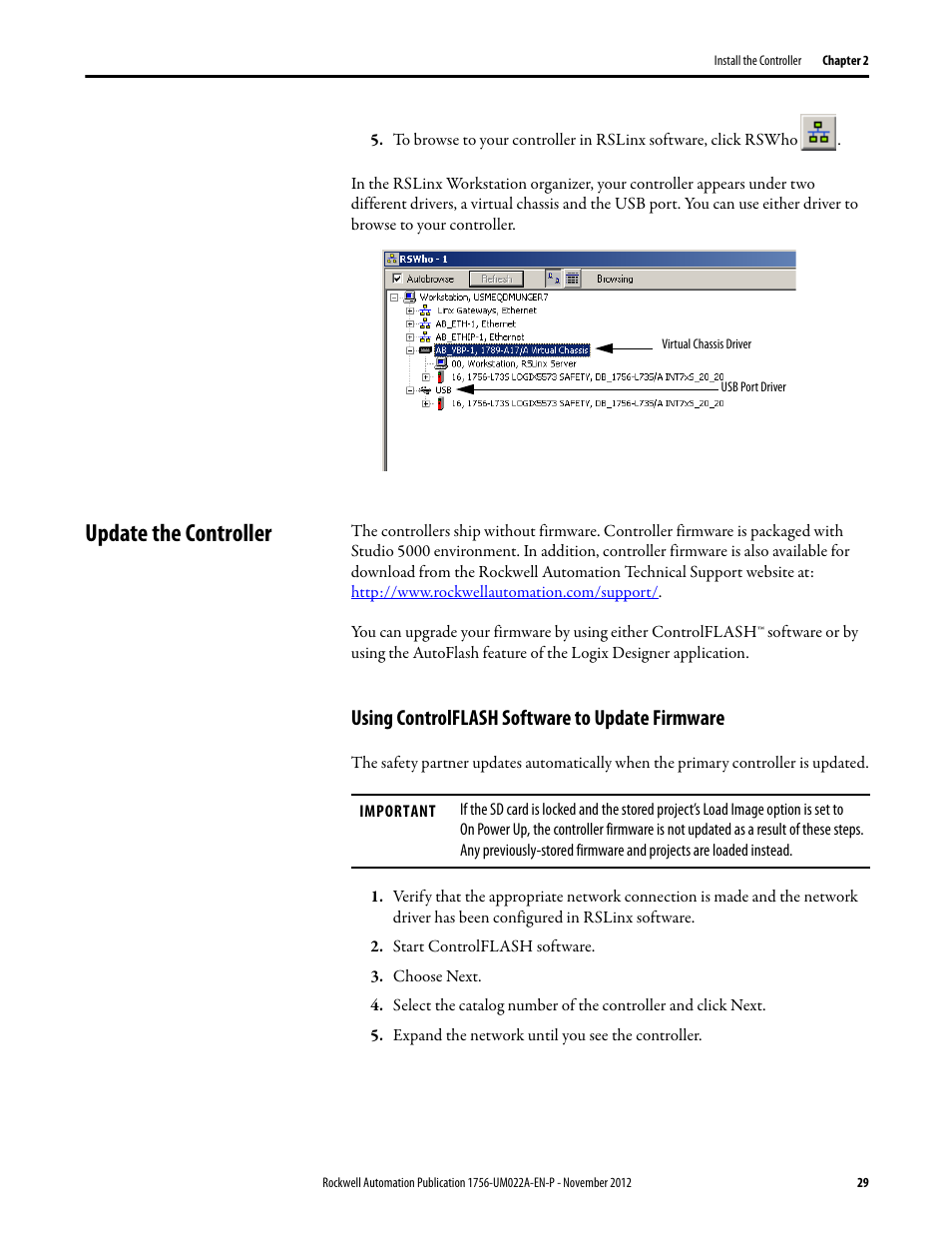 Update the controller, Using controlflash software to update firmware | Rockwell Automation 1756-L7x GuardLogix 5570 Controllers User Manual | Page 29 / 144