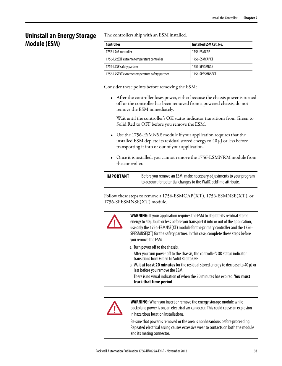 Uninstall an energy storage module (esm) | Rockwell Automation 1756-L7x GuardLogix 5570 Controllers User Manual | Page 33 / 144