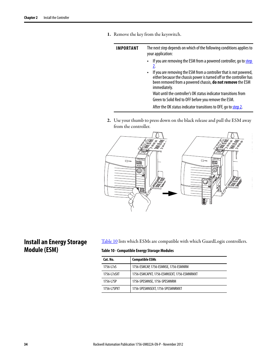 Install an energy storage module (esm) | Rockwell Automation 1756-L7x GuardLogix 5570 Controllers User Manual | Page 34 / 144