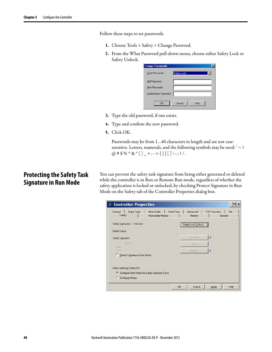 Protecting the safety task signature in run mode | Rockwell Automation 1756-L7x GuardLogix 5570 Controllers User Manual | Page 40 / 144