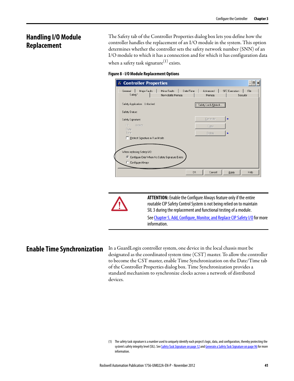 Handling i/o module replacement, Enable time synchronization | Rockwell Automation 1756-L7x GuardLogix 5570 Controllers User Manual | Page 41 / 144