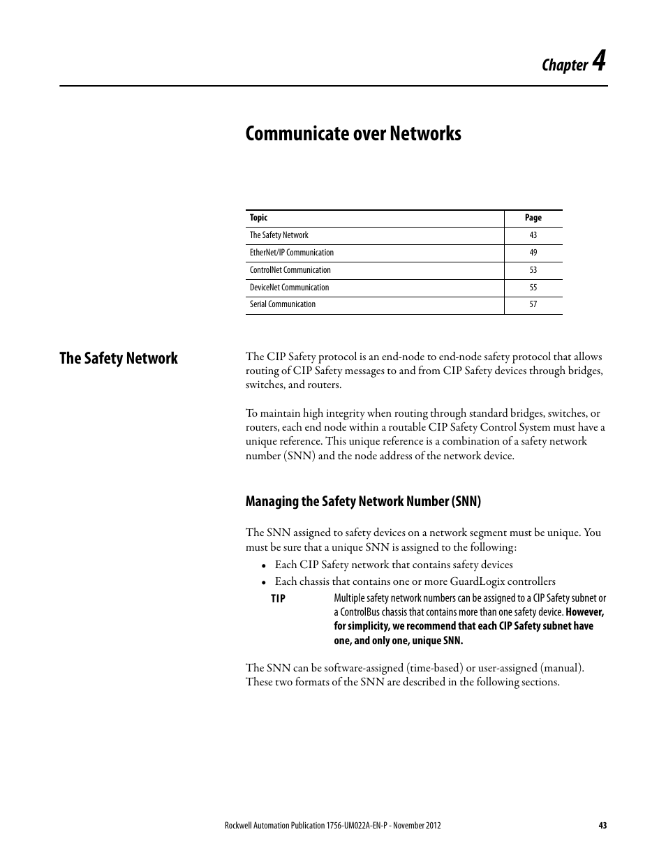 4 - communicate over networks, The safety network, Managing the safety network number (snn) | Chapter 4, Communicate over networks, Managing the safety network, Chapter | Rockwell Automation 1756-L7x GuardLogix 5570 Controllers User Manual | Page 43 / 144