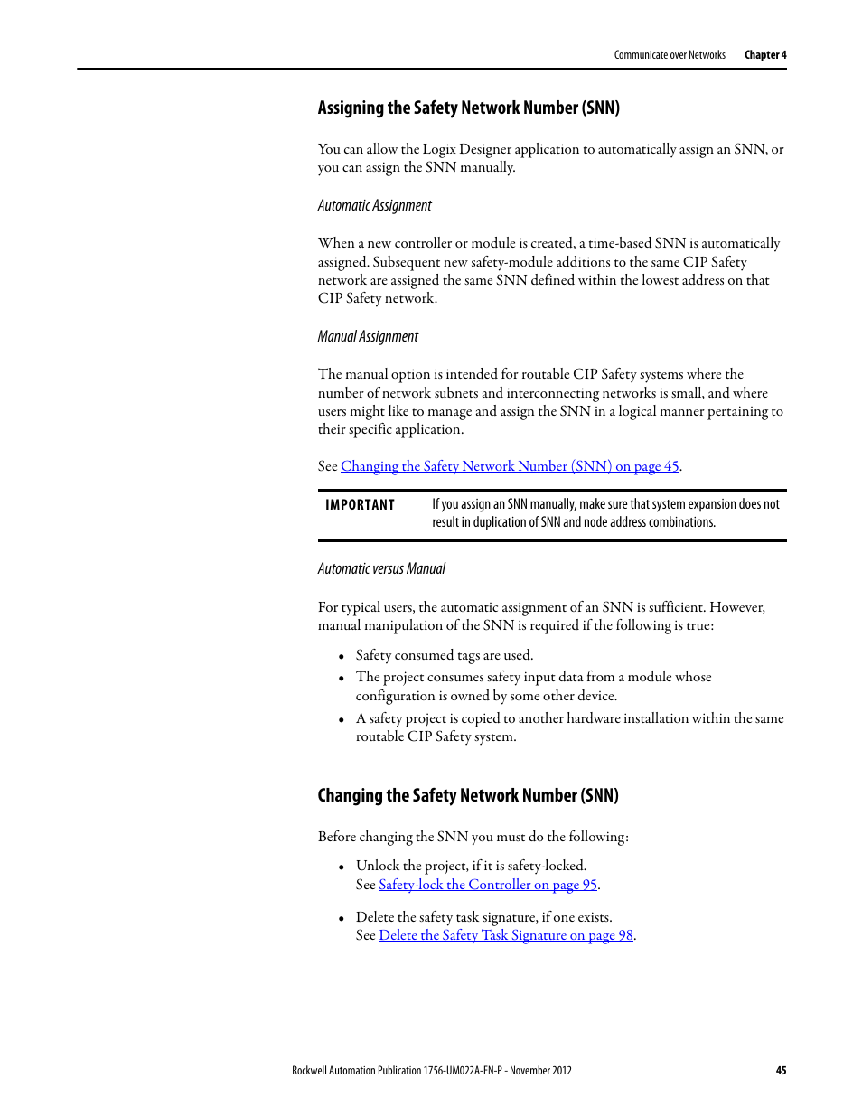 Assigning the safety network number (snn), Changing the safety network number (snn) | Rockwell Automation 1756-L7x GuardLogix 5570 Controllers User Manual | Page 45 / 144