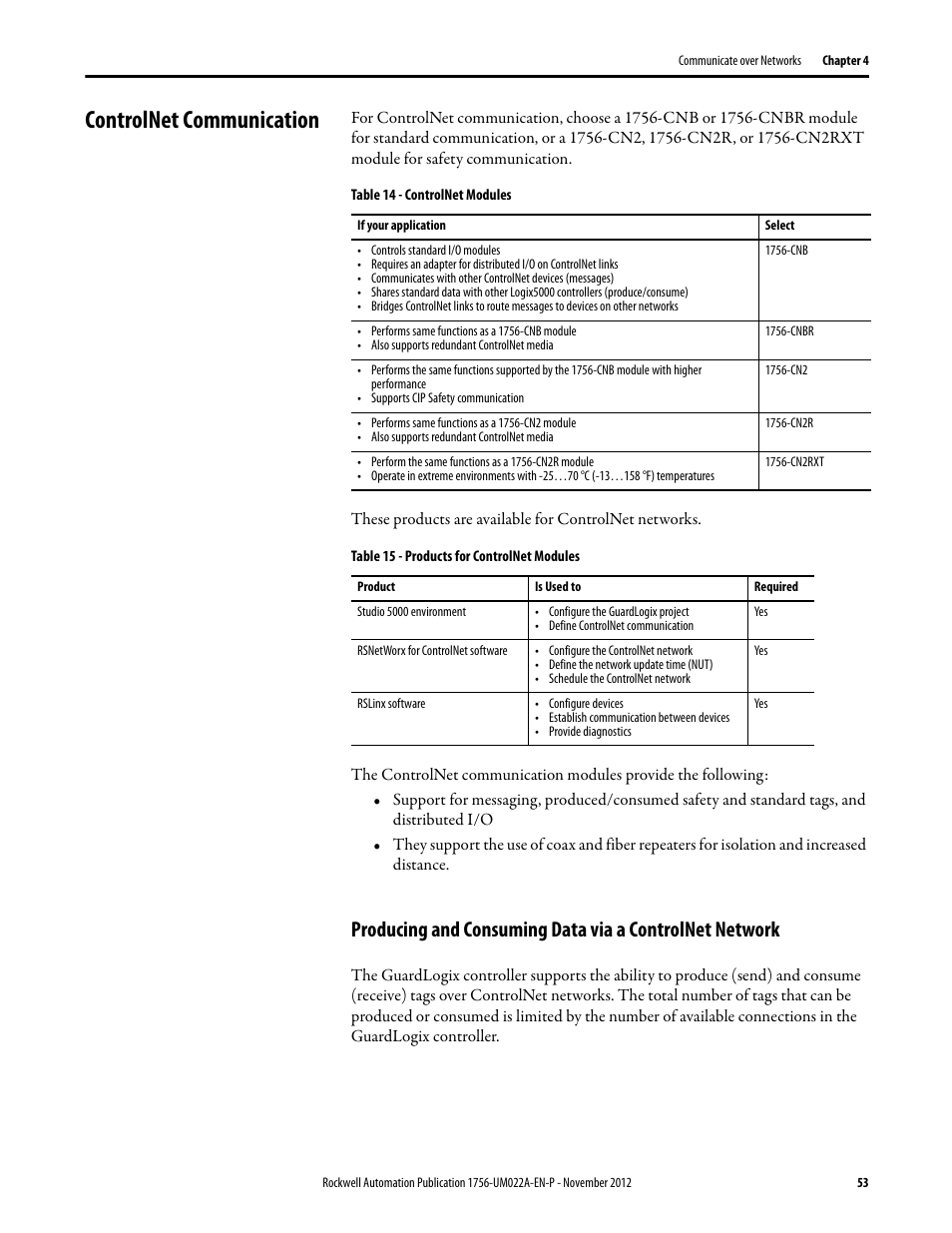 Controlnet communication | Rockwell Automation 1756-L7x GuardLogix 5570 Controllers User Manual | Page 53 / 144