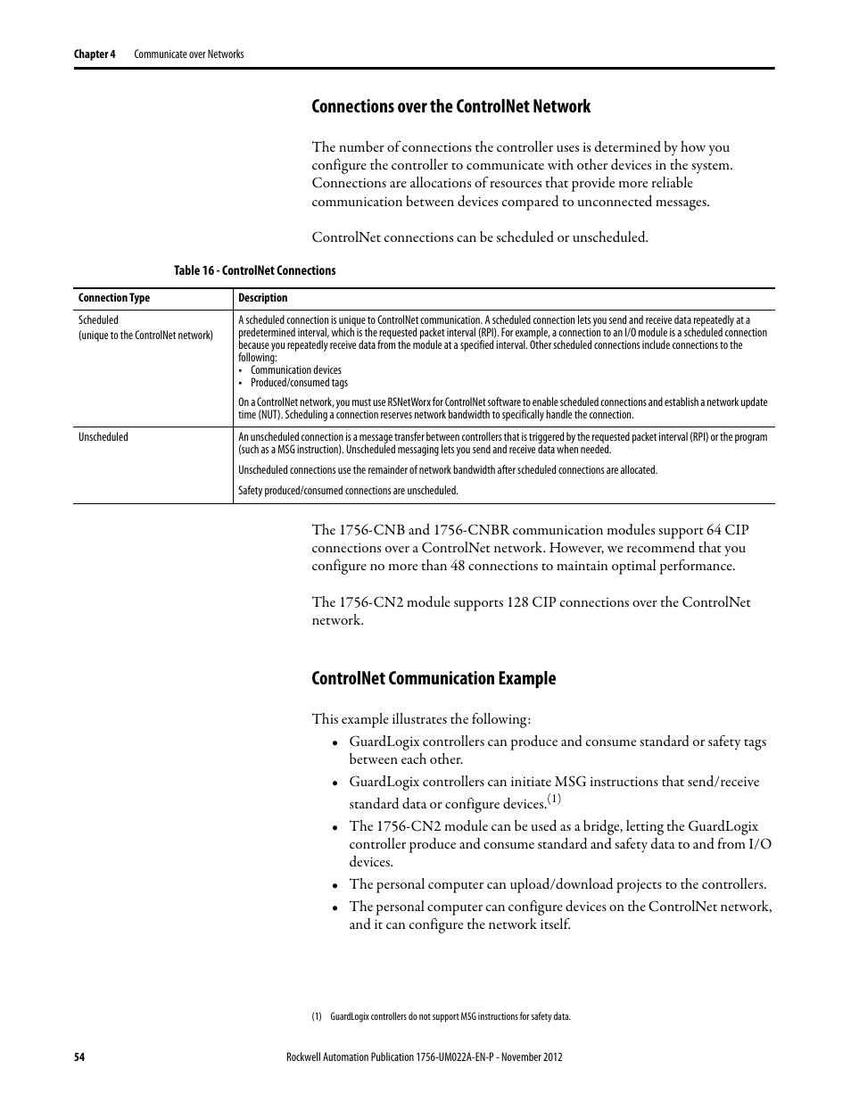 Connections over the controlnet network, Controlnet communication example | Rockwell Automation 1756-L7x GuardLogix 5570 Controllers User Manual | Page 54 / 144