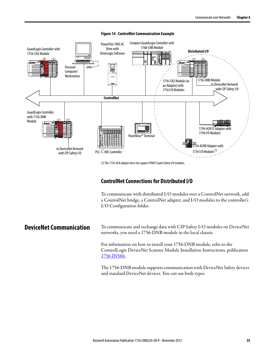 Controlnet connections for distributed i/o, Devicenet communication | Rockwell Automation 1756-L7x GuardLogix 5570 Controllers User Manual | Page 55 / 144