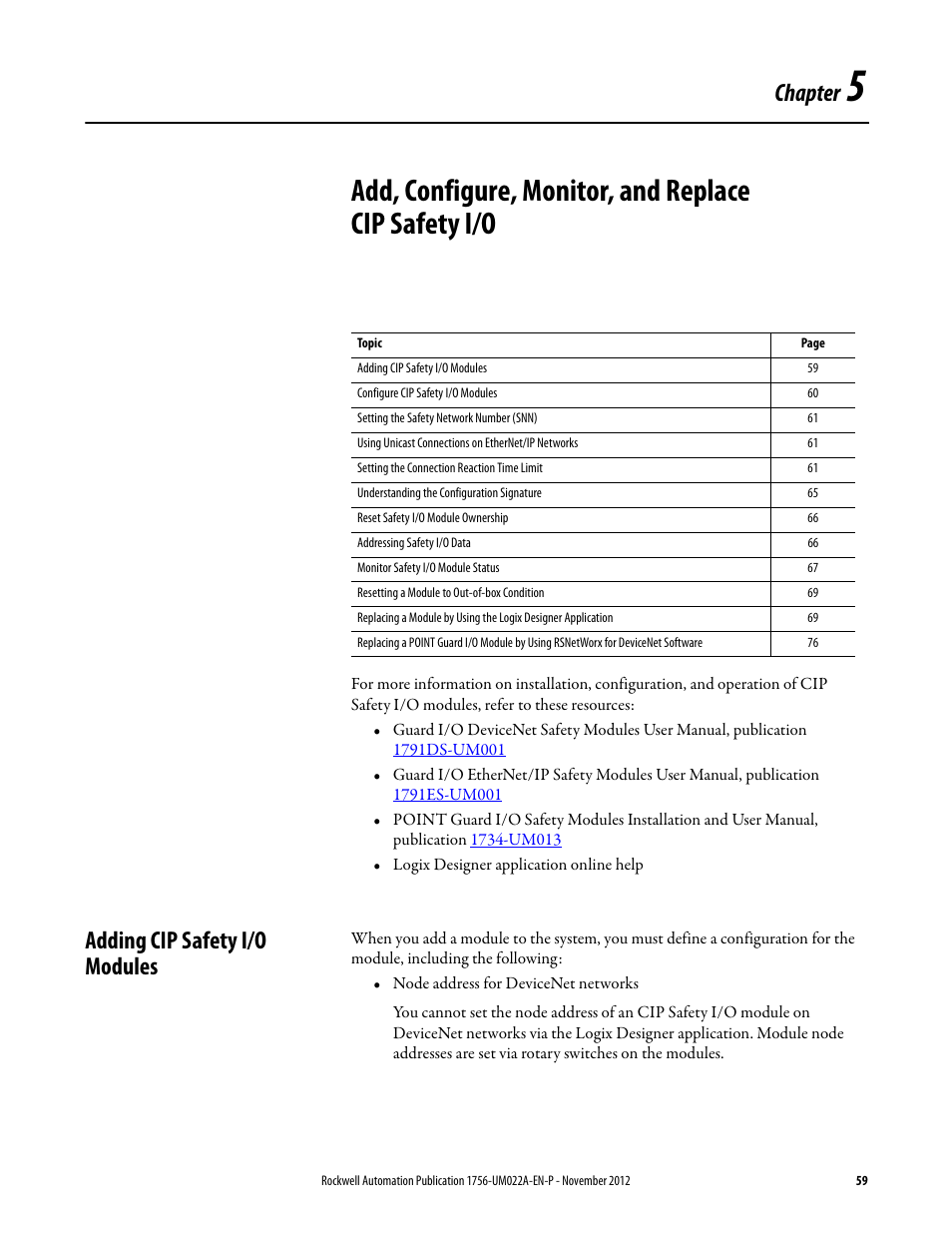 Adding cip safety i/o modules, Chapter 5, Configure, monitor, and replace cip safety i/o | Add, configure, monitor, And replace cip safety i/o, Chapter | Rockwell Automation 1756-L7x GuardLogix 5570 Controllers User Manual | Page 59 / 144