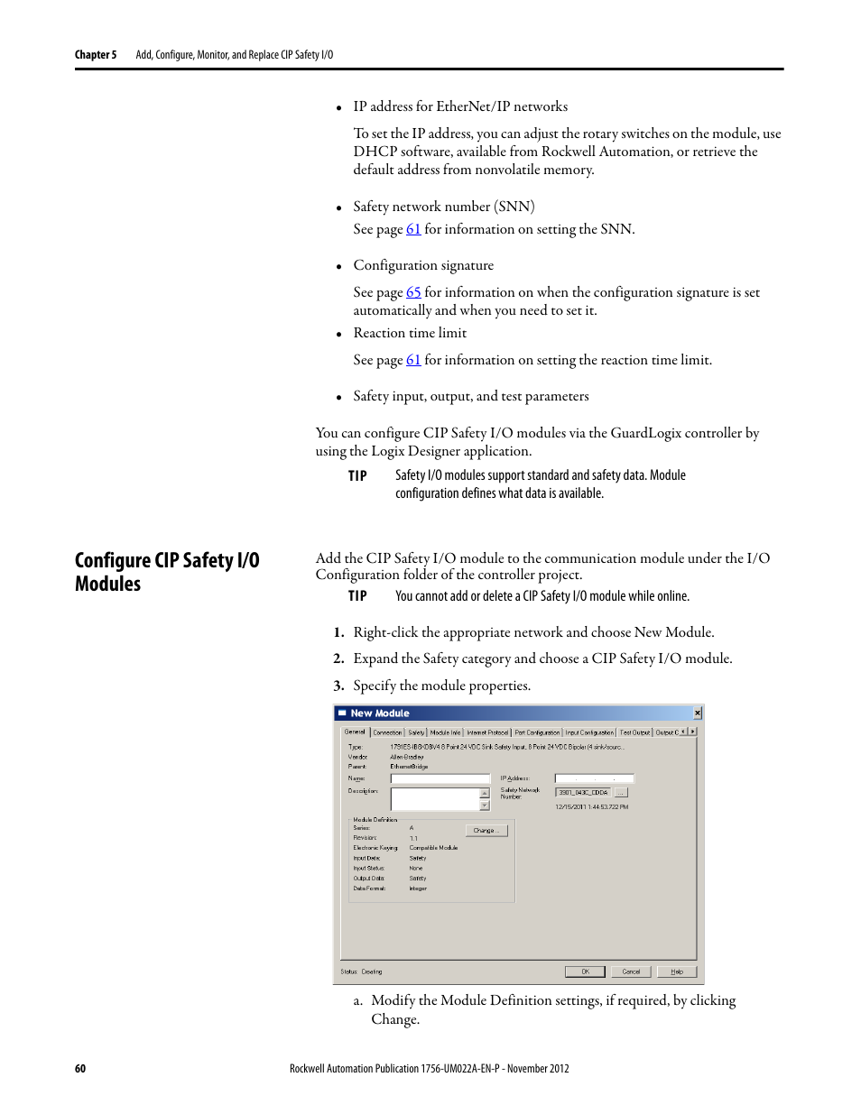 Configure cip safety i/o modules | Rockwell Automation 1756-L7x GuardLogix 5570 Controllers User Manual | Page 60 / 144
