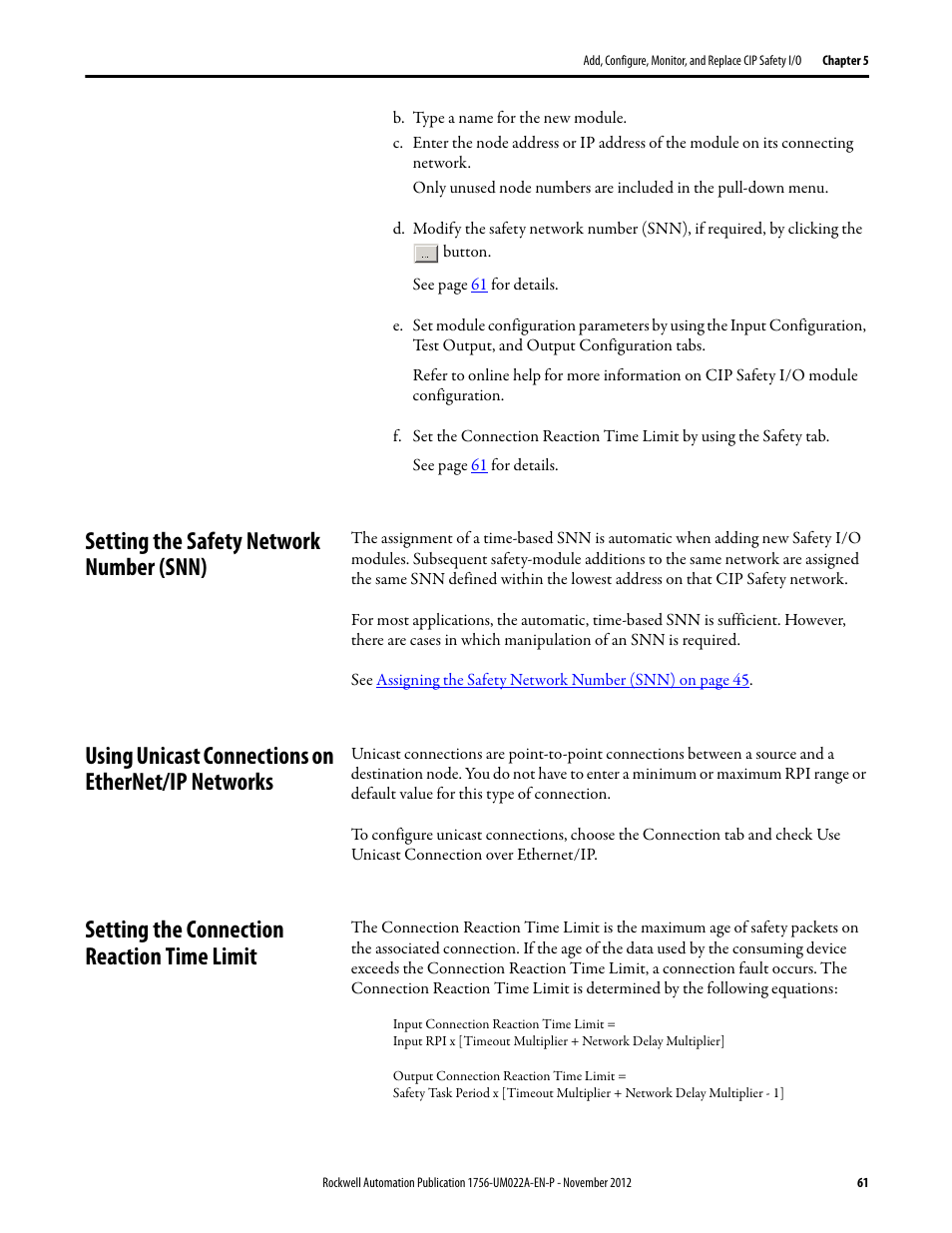 Setting the safety network number (snn), Using unicast connections on ethernet/ip networks, Setting the connection reaction time limit | For in | Rockwell Automation 1756-L7x GuardLogix 5570 Controllers User Manual | Page 61 / 144