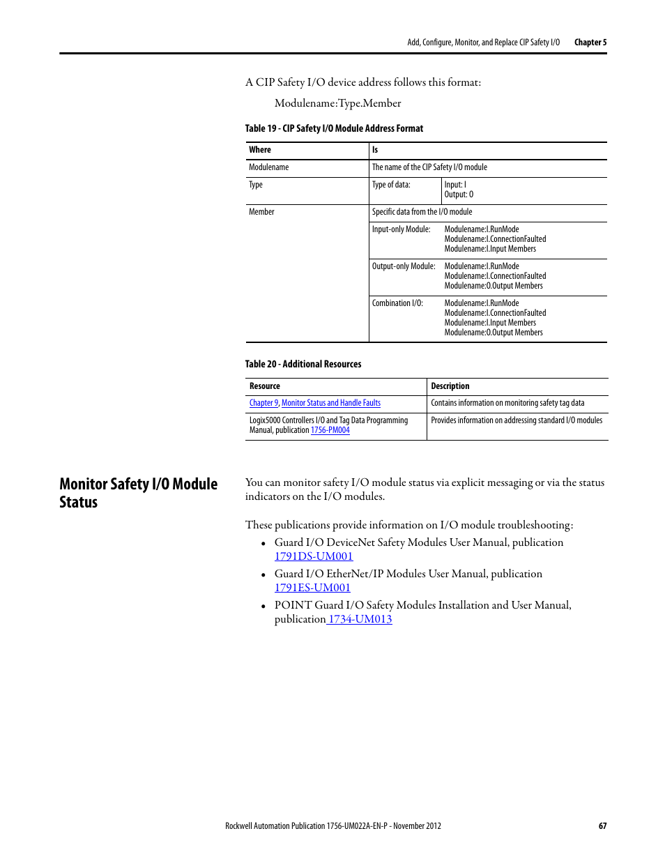 Monitor safety i/o module status | Rockwell Automation 1756-L7x GuardLogix 5570 Controllers User Manual | Page 67 / 144