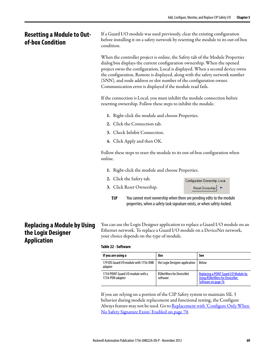 Resetting a module to out- of-box condition, Resetting a module to out-of-box condition | Rockwell Automation 1756-L7x GuardLogix 5570 Controllers User Manual | Page 69 / 144