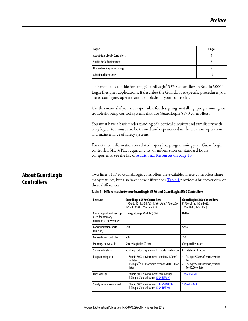 Preface, About guardlogix controllers | Rockwell Automation 1756-L7x GuardLogix 5570 Controllers User Manual | Page 7 / 144