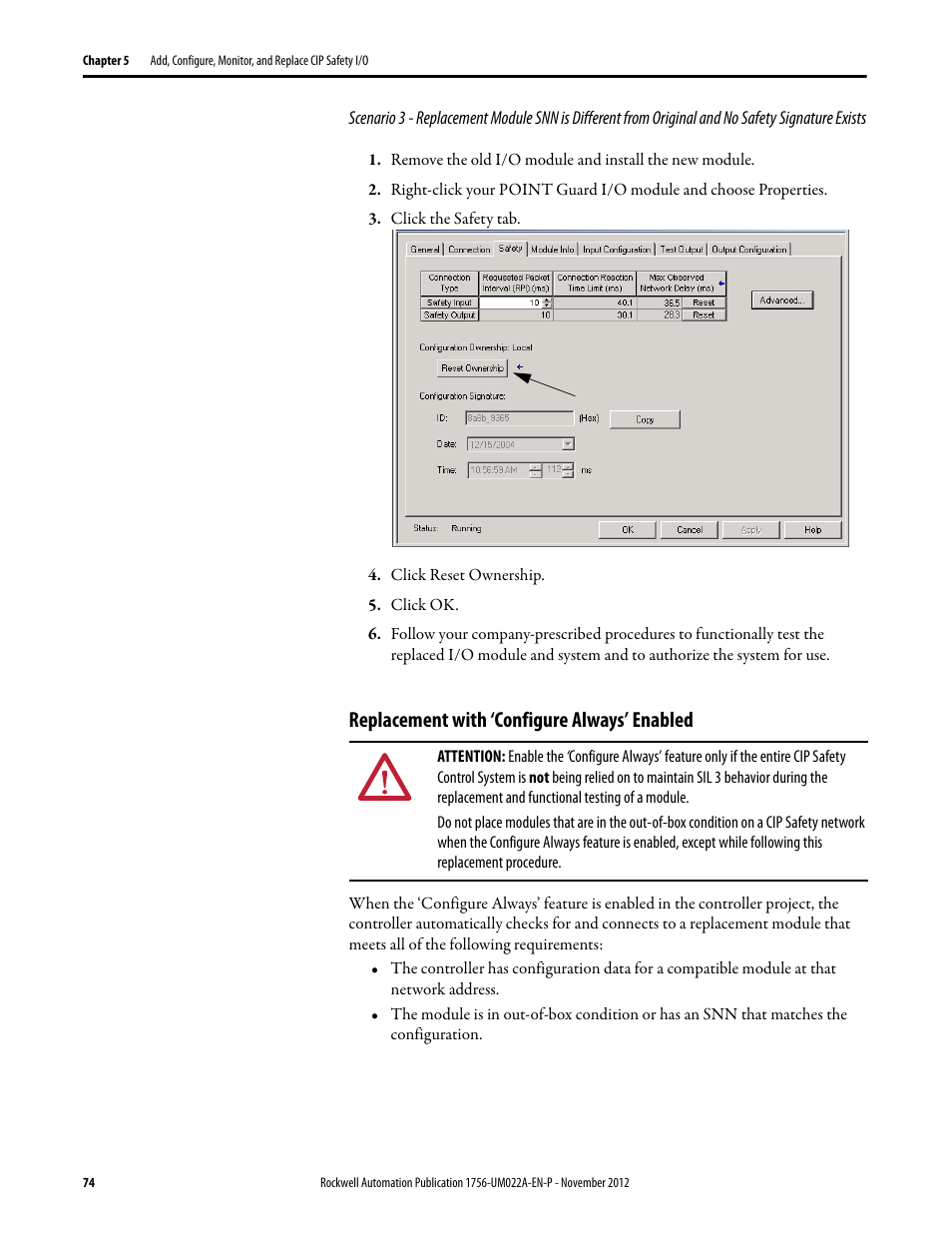 Replacement with ‘configure always’ enabled | Rockwell Automation 1756-L7x GuardLogix 5570 Controllers User Manual | Page 74 / 144