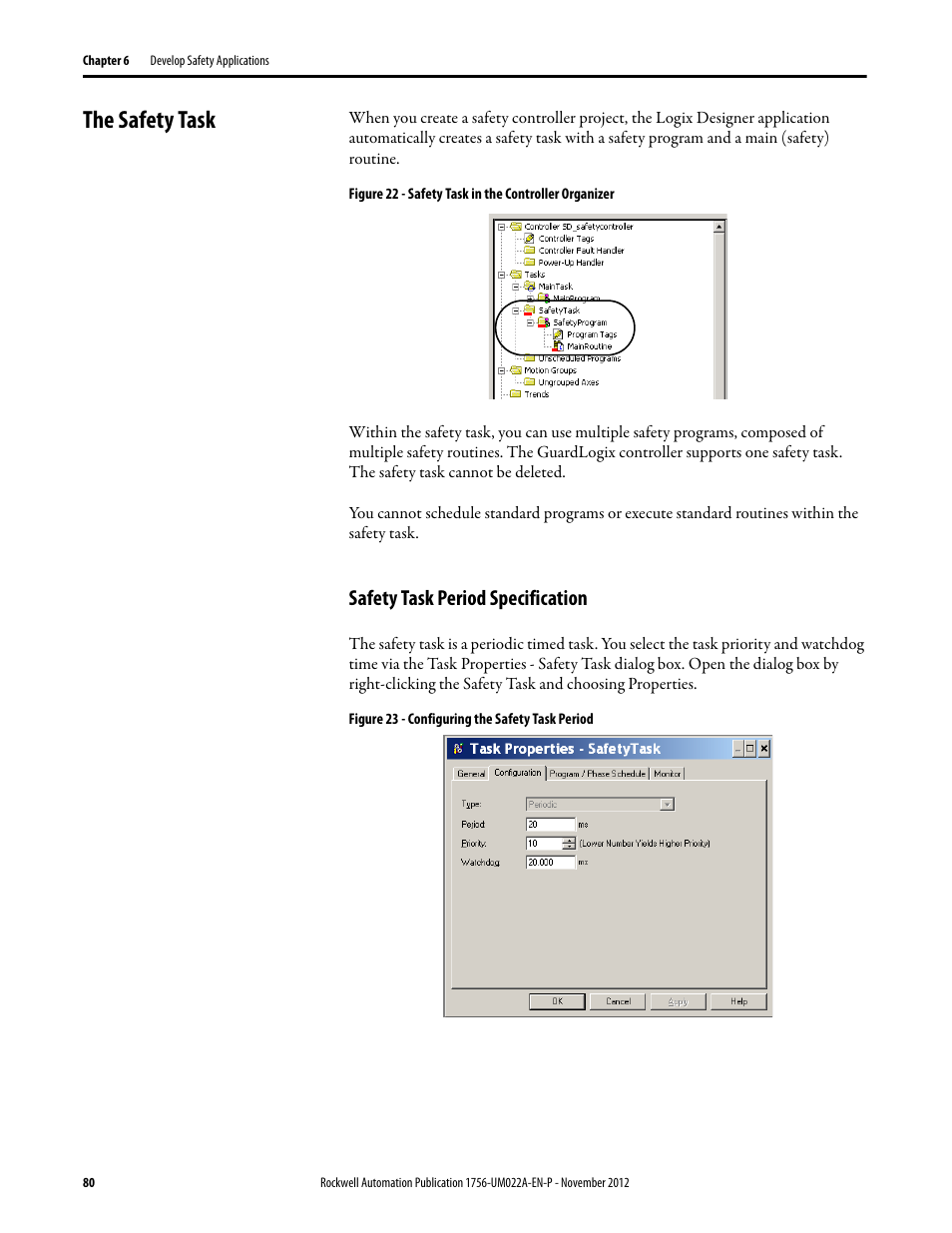 The safety task, Safety task period specification | Rockwell Automation 1756-L7x GuardLogix 5570 Controllers User Manual | Page 80 / 144