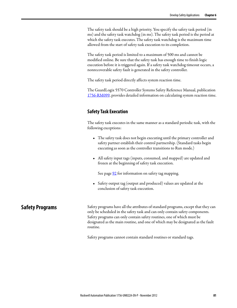 Safety task execution, Safety programs | Rockwell Automation 1756-L7x GuardLogix 5570 Controllers User Manual | Page 81 / 144