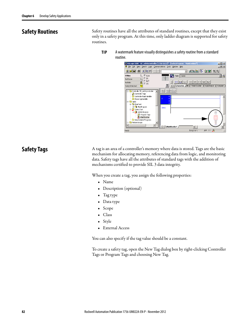 Safety routines, Safety tags, Safety routines safety tags | Rockwell Automation 1756-L7x GuardLogix 5570 Controllers User Manual | Page 82 / 144