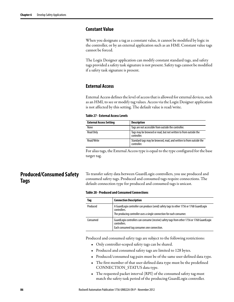 Constant value, External access, Produced/consumed safety tags | Constant value external access | Rockwell Automation 1756-L7x GuardLogix 5570 Controllers User Manual | Page 86 / 144