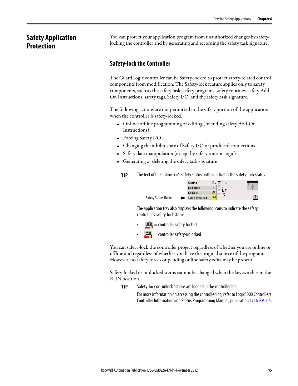 Safety application protection, Safety-lock the controller | Rockwell Automation 1756-L7x GuardLogix 5570 Controllers User Manual | Page 95 / 144