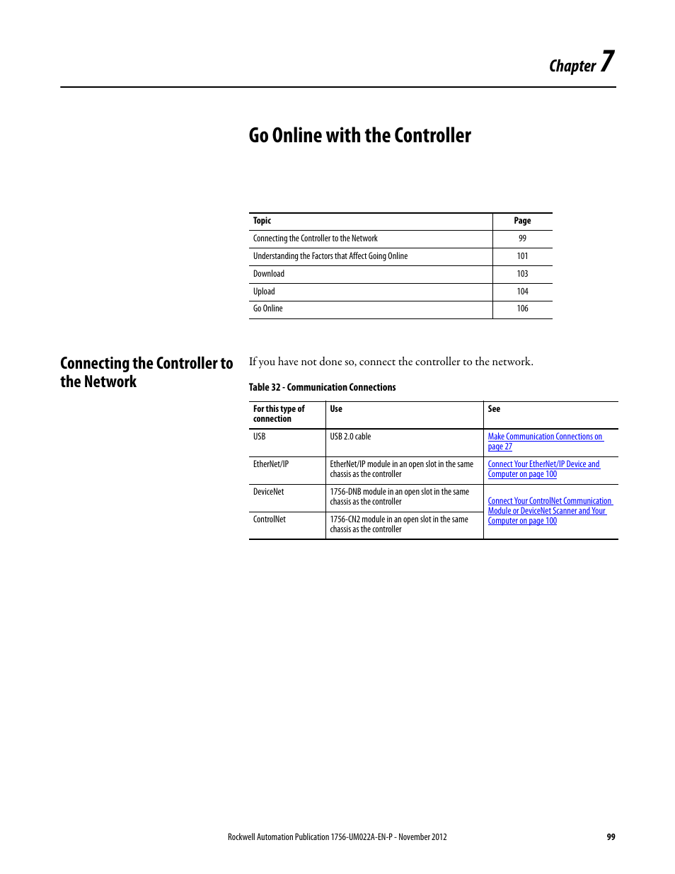 7 - go online with the controller, Connecting the controller to the network, Chapter 7 | Go online with the controller, Chapter | Rockwell Automation 1756-L7x GuardLogix 5570 Controllers User Manual | Page 99 / 144