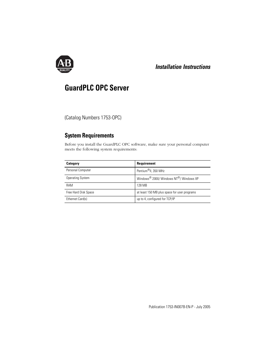 Rockwell Automation 1753-OPC GuardPLC OPC Server User Manual | 2 pages