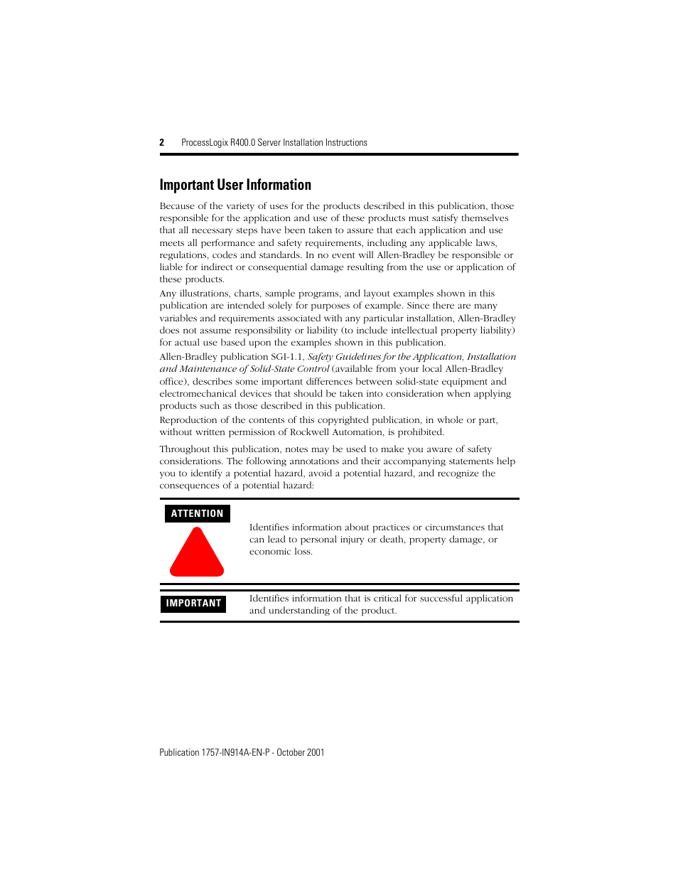 Important user information | Rockwell Automation 1757-SWKIT400 ProcessLogix R400.0 Server Installation Instructions User Manual | Page 2 / 12