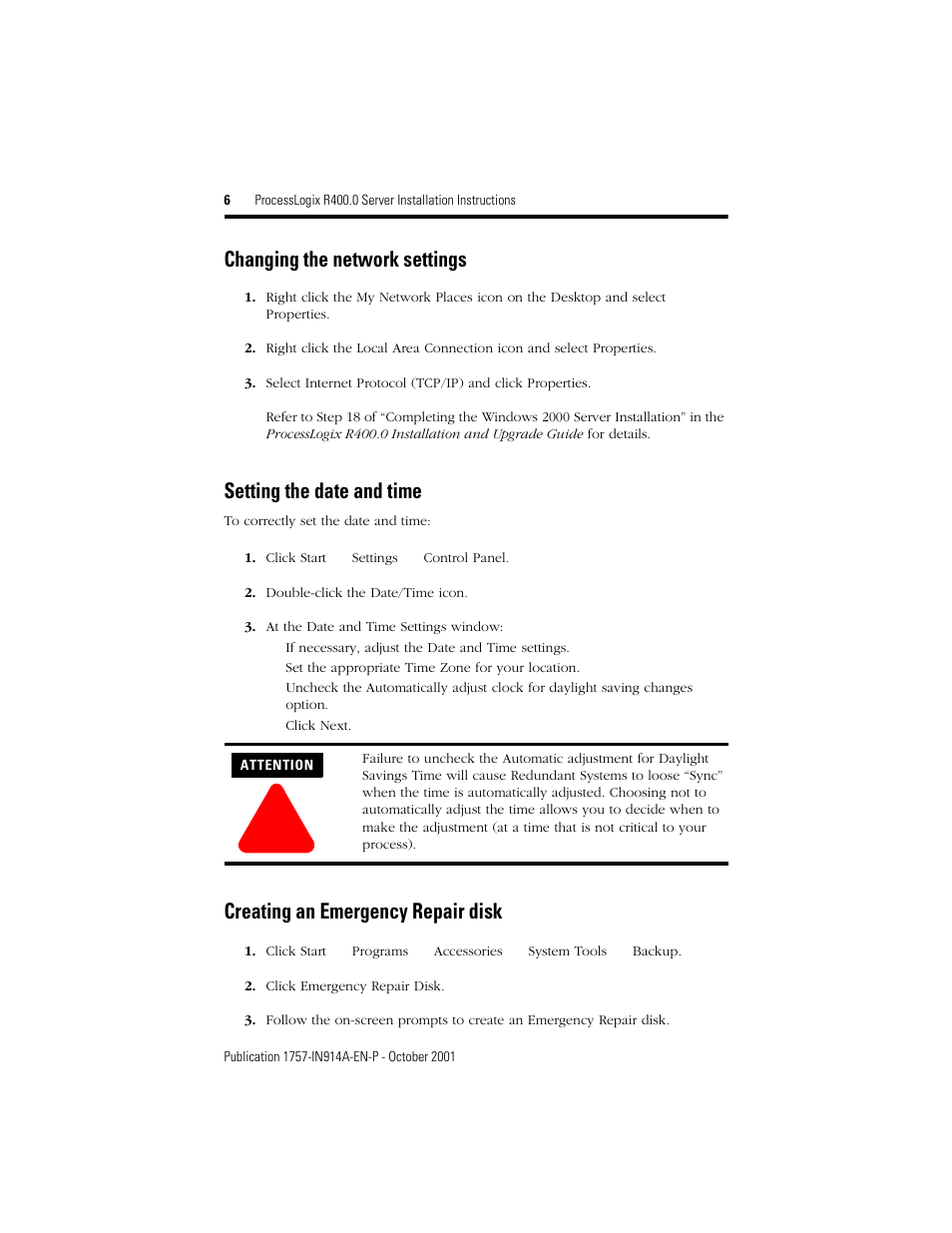 Changing the network settings, Setting the date and time, Creating an emergency repair disk | Rockwell Automation 1757-SWKIT400 ProcessLogix R400.0 Server Installation Instructions User Manual | Page 6 / 12