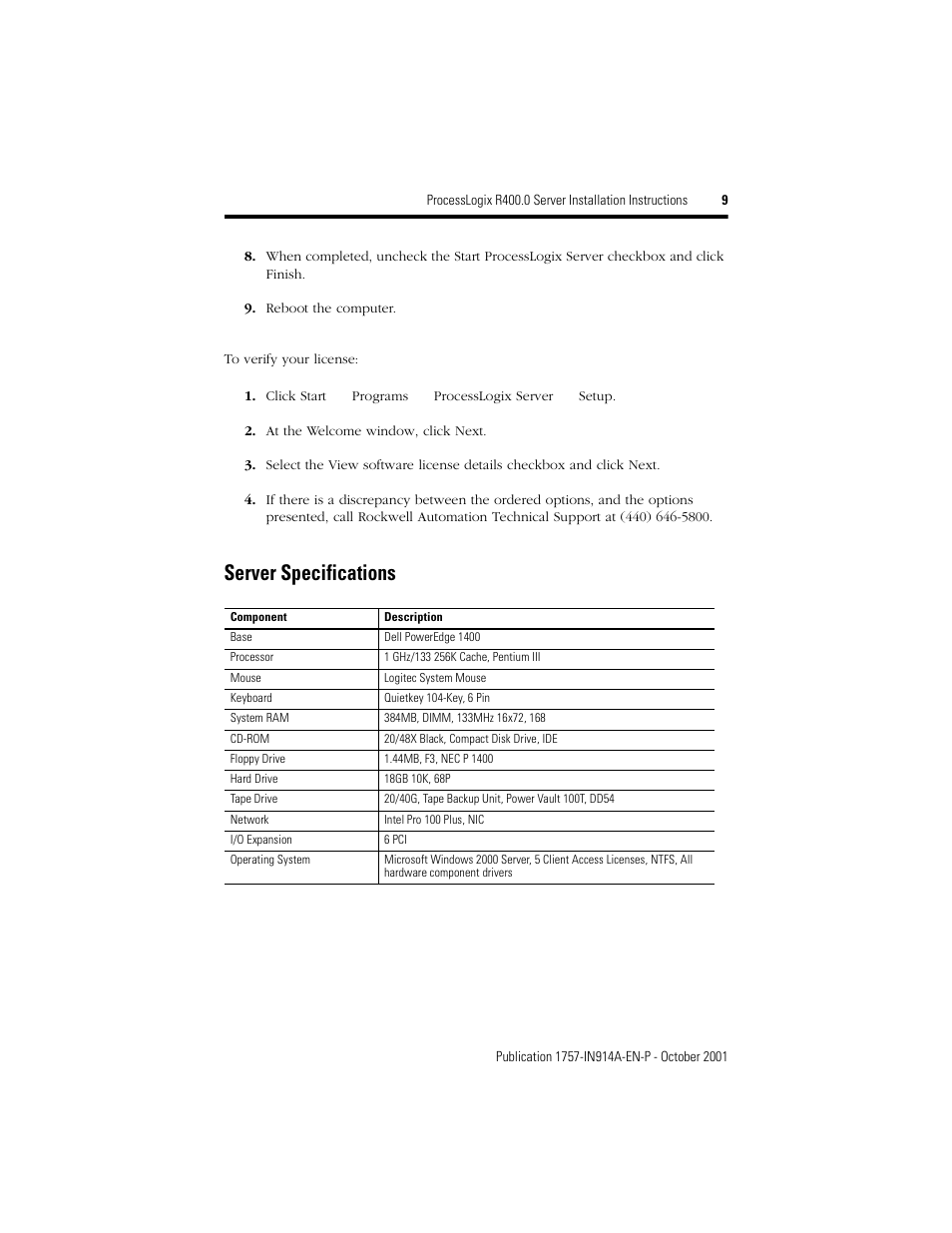 Server specifications | Rockwell Automation 1757-SWKIT400 ProcessLogix R400.0 Server Installation Instructions User Manual | Page 9 / 12