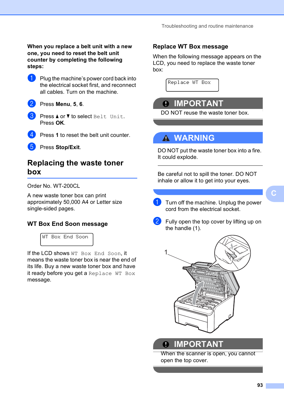 Replacing the waste toner box, Wt box end soon message, Replace wt box message | Important, Warning | Brother DCP-9010CN User Manual | Page 101 / 136