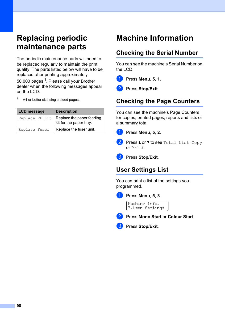 Replacing periodic maintenance parts, Machine information, Checking the serial number | User settings list, Checking the page counters | Brother DCP-9010CN User Manual | Page 106 / 136