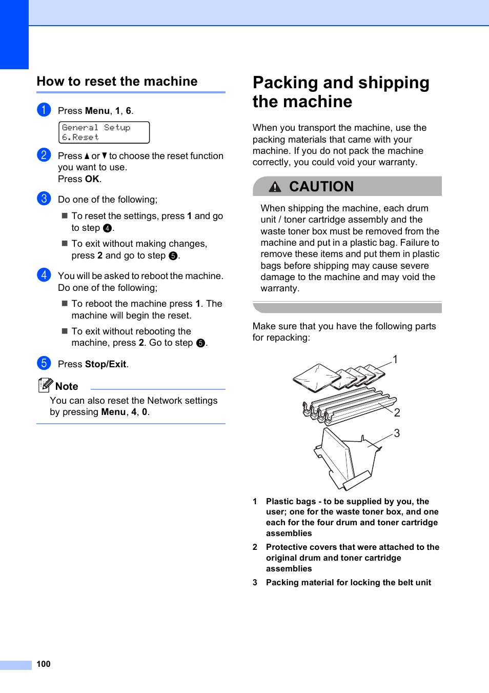 How to reset the machine, Packing and shipping the machine, Caution | Brother DCP-9010CN User Manual | Page 108 / 136