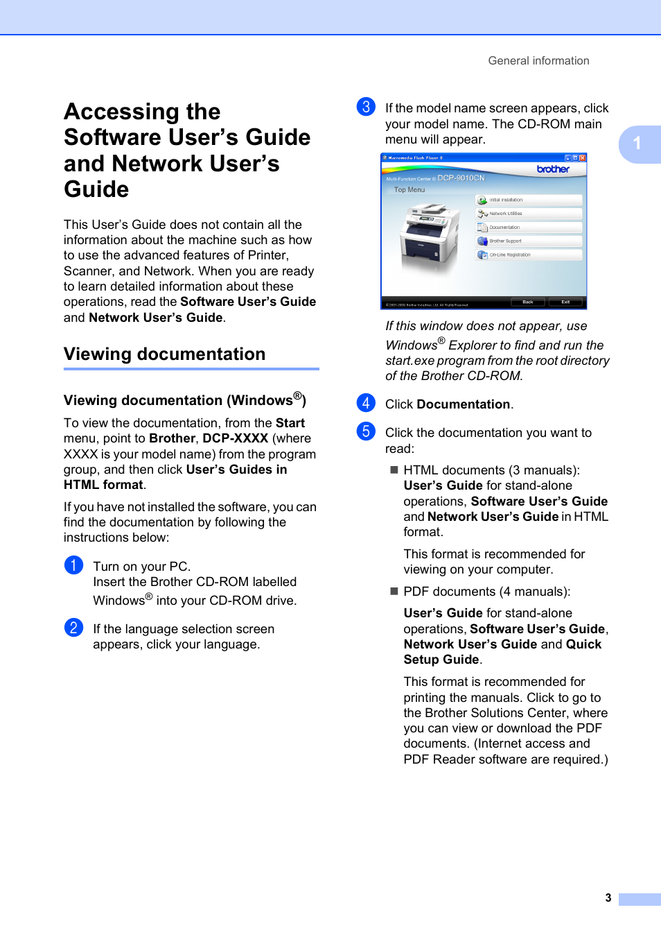 Viewing documentation, Viewing documentation (windows®) | Brother DCP-9010CN User Manual | Page 11 / 136