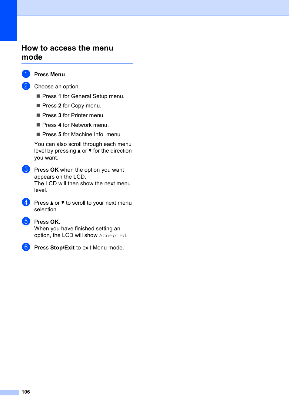 How to access the menu mode | Brother DCP-9010CN User Manual | Page 114 / 136
