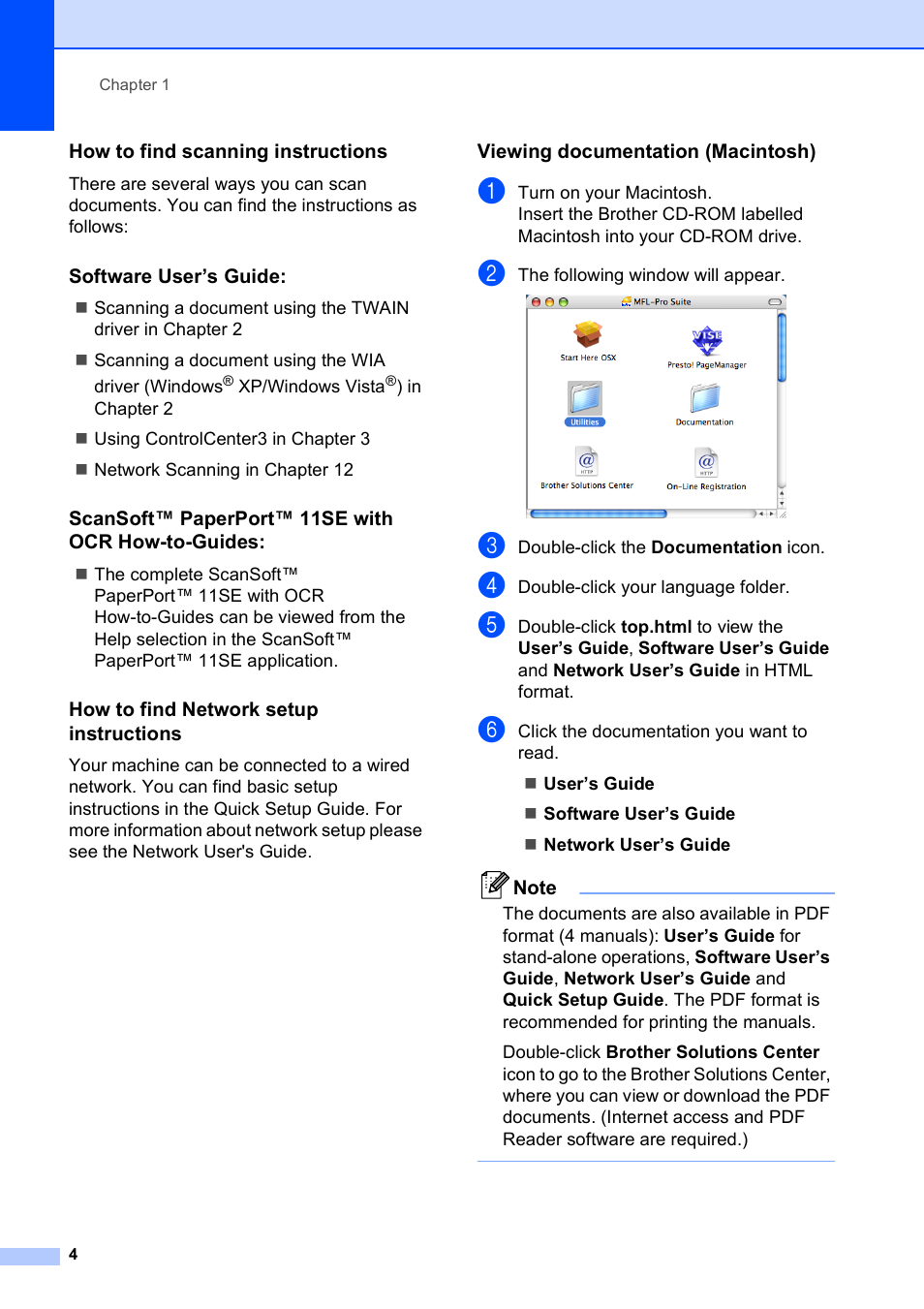 How to find scanning instructions, Software user’s guide, Scansoft™ paperport™ 11se with ocr how-to-guides | How to find network setup instructions, Viewing documentation (macintosh) | Brother DCP-9010CN User Manual | Page 12 / 136