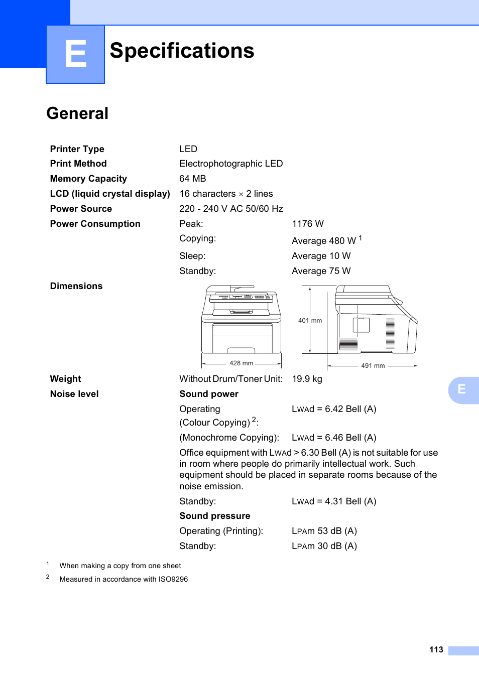 E specifications, General, Specifications | Brother DCP-9010CN User Manual | Page 121 / 136