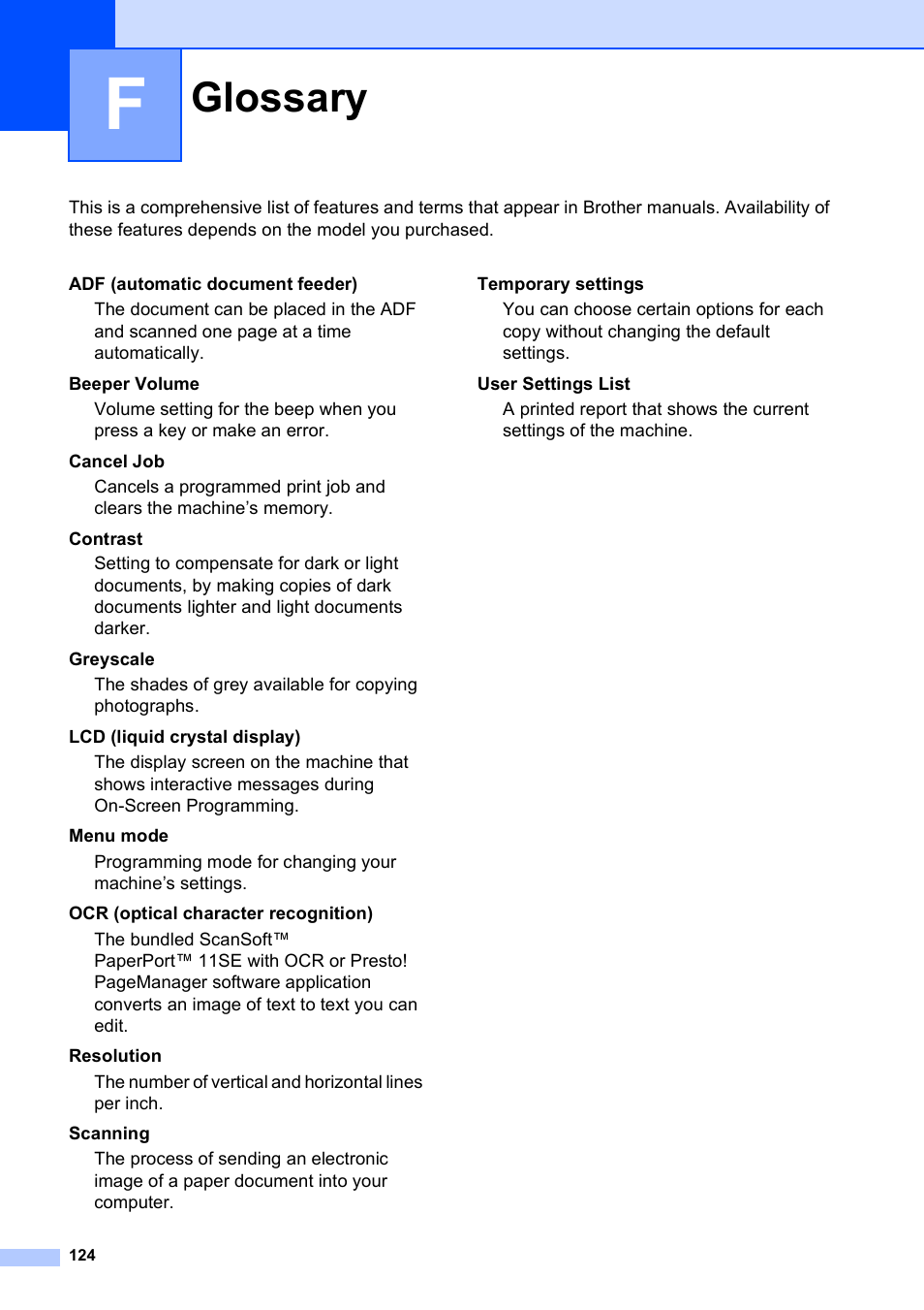 F glossary, Glossary | Brother DCP-9010CN User Manual | Page 132 / 136