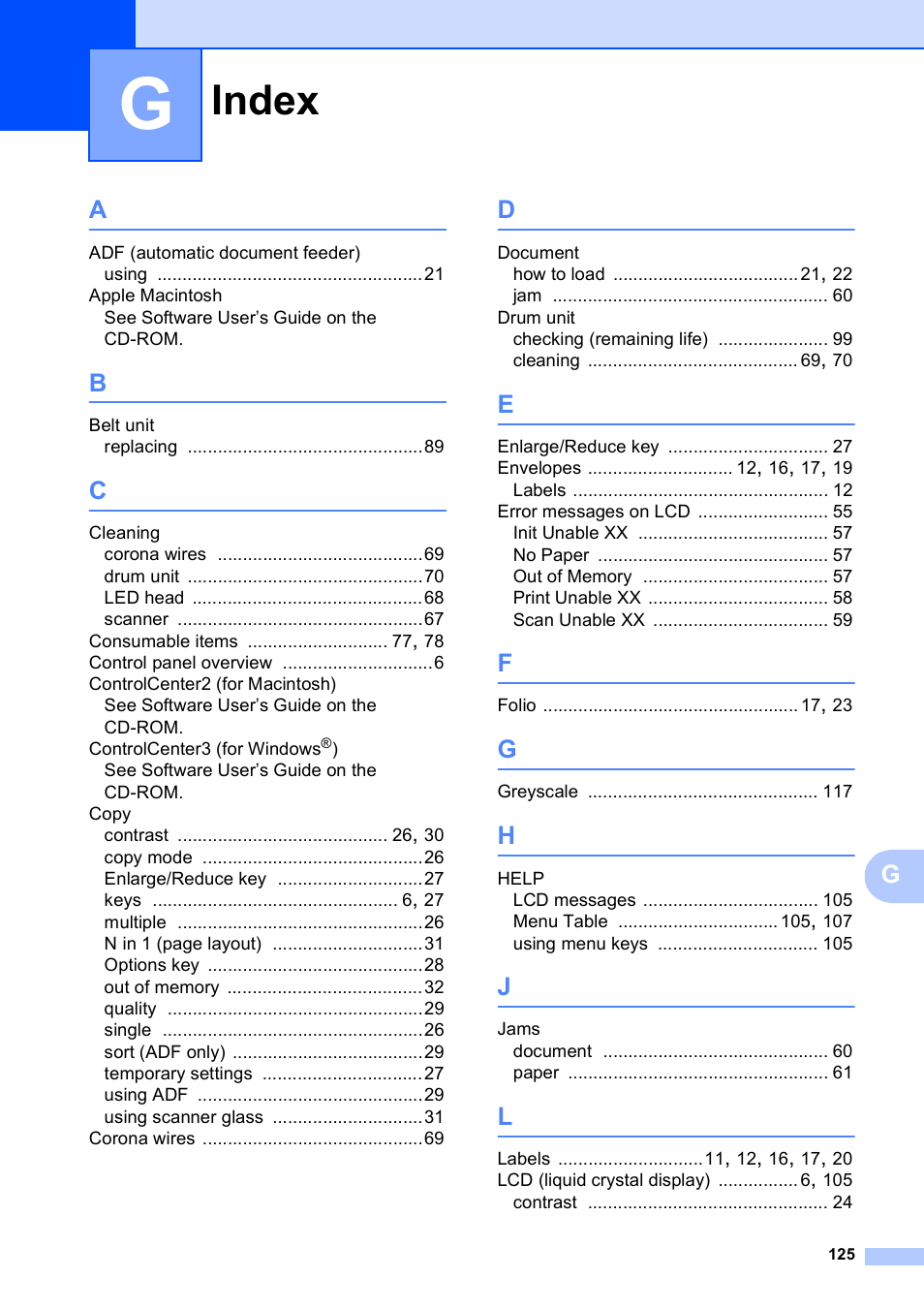 Index | Brother DCP-9010CN User Manual | Page 133 / 136