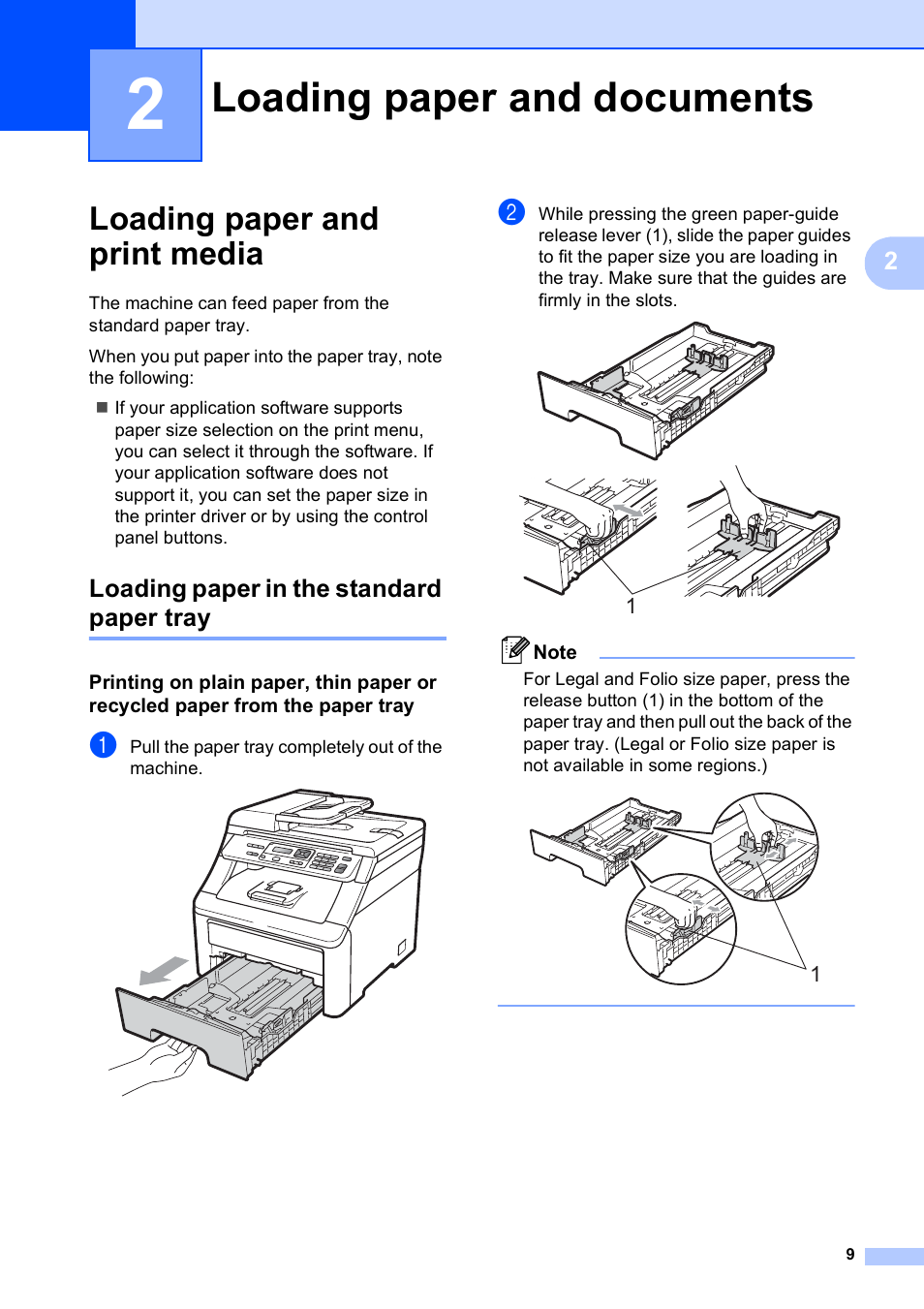 2 loading paper and documents, Loading paper and print media, Loading paper in the standard paper tray | Loading paper and documents | Brother DCP-9010CN User Manual | Page 17 / 136