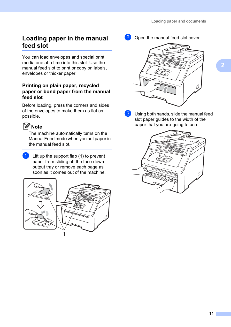 Loading paper in the manual feed slot, 2loading paper in the manual feed slot | Brother DCP-9010CN User Manual | Page 19 / 136