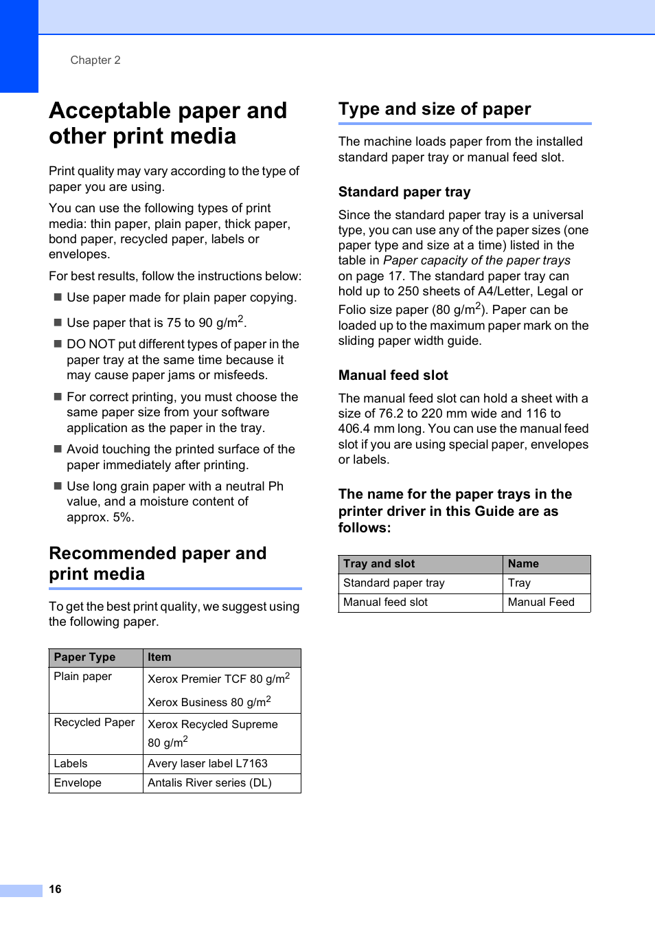 Acceptable paper and other print media, Recommended paper and print media, Type and size of paper | Standard paper tray, Manual feed slot | Brother DCP-9010CN User Manual | Page 24 / 136