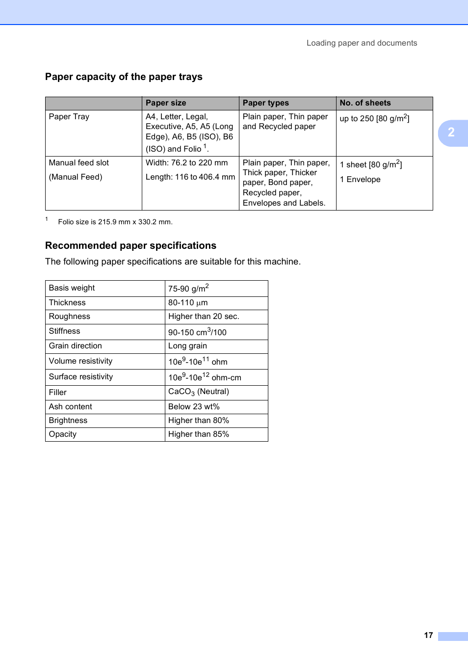 Paper capacity of the paper trays, Recommended paper specifications | Brother DCP-9010CN User Manual | Page 25 / 136