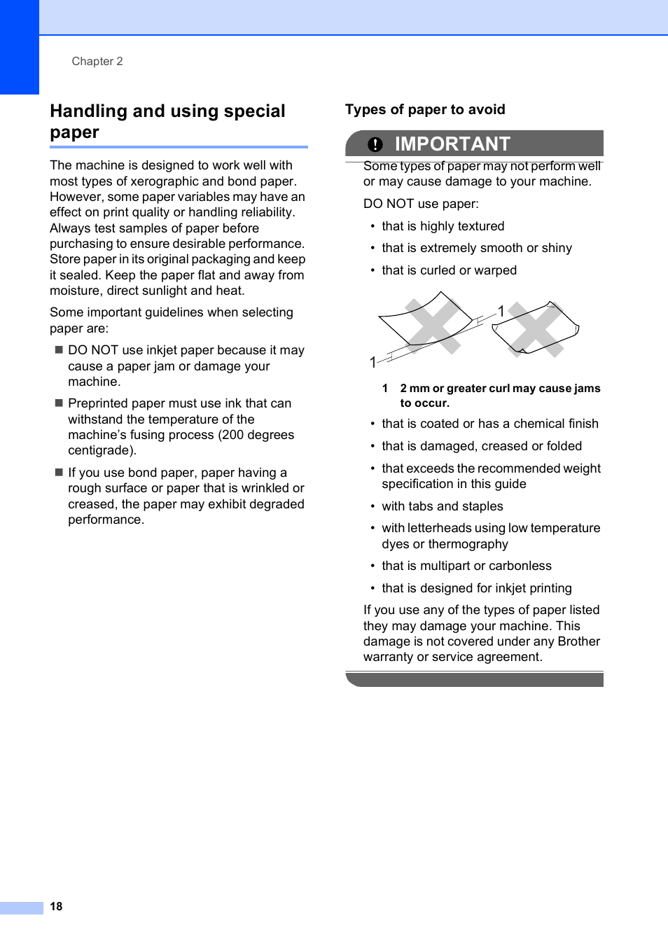 Handling and using special paper, Types of paper to avoid, Important | Brother DCP-9010CN User Manual | Page 26 / 136
