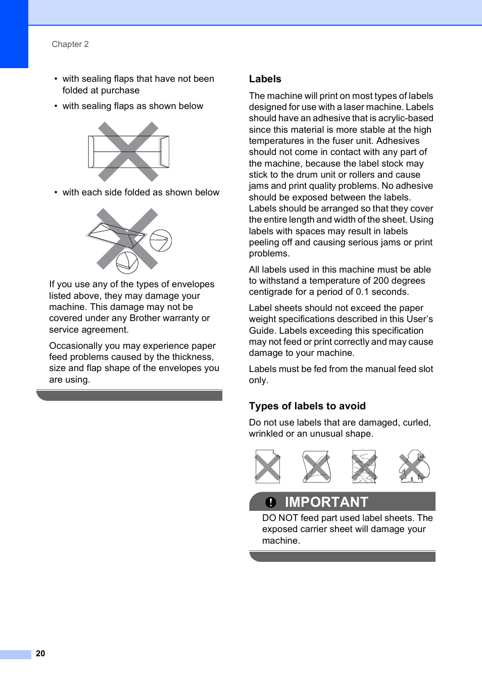 Labels, Types of labels to avoid, Important | With each side folded as shown below | Brother DCP-9010CN User Manual | Page 28 / 136